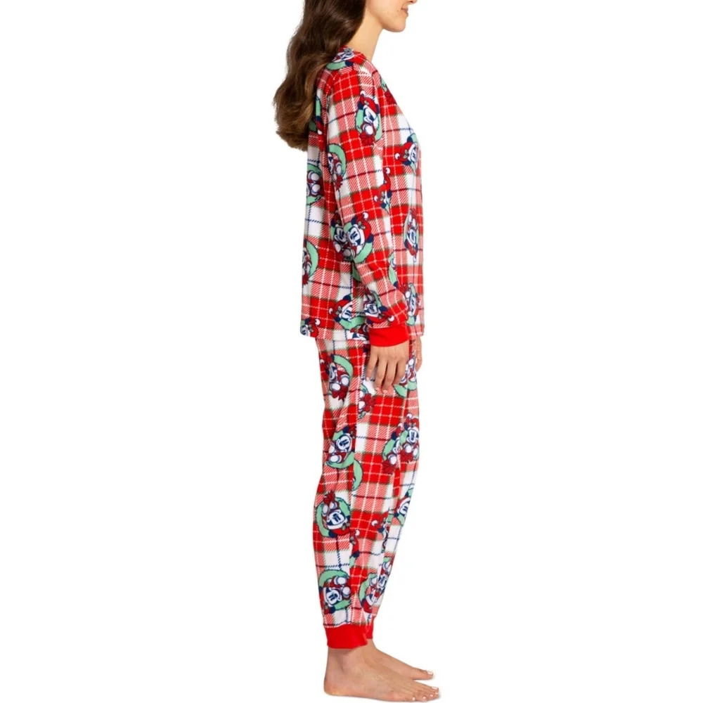 Disney mickey wreath flannel pajama set womens medium red - Picture 3 of 7